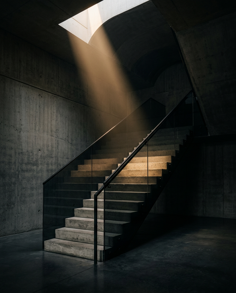 Quiet architectural interior lit by a single shaft of light